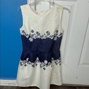 Floral White and Blue Sleeveless Dress